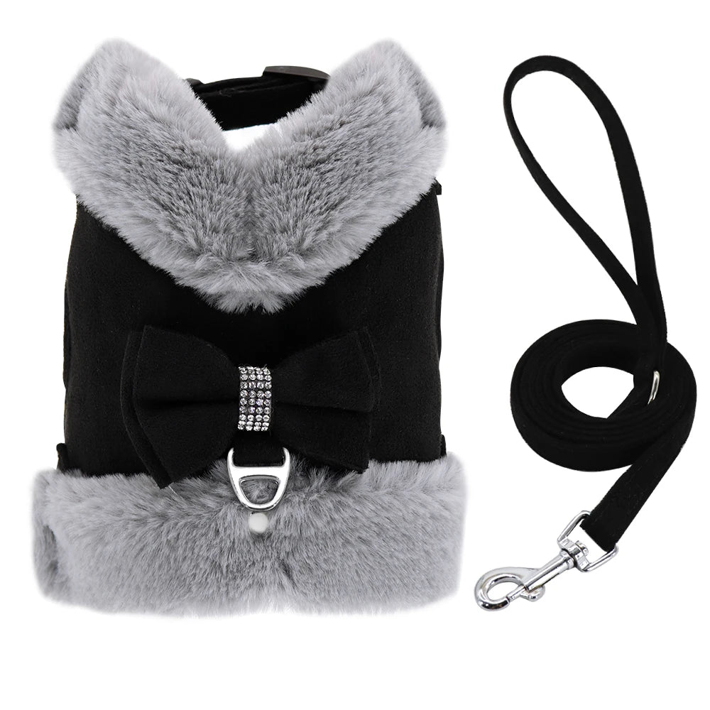 Soft Warm Dog Vest Harness and Leash Set Cute Bowknot Pet Winter Clothes Vest Warm Fur Small Dog Clothing French Bulldog Pink