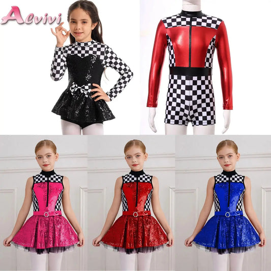 Kids Girls Checkerboard Racer Costume Halloween Car Driver Cosplay Leotard Dress with Tulle Skirt Themed Party Driving Roleplay