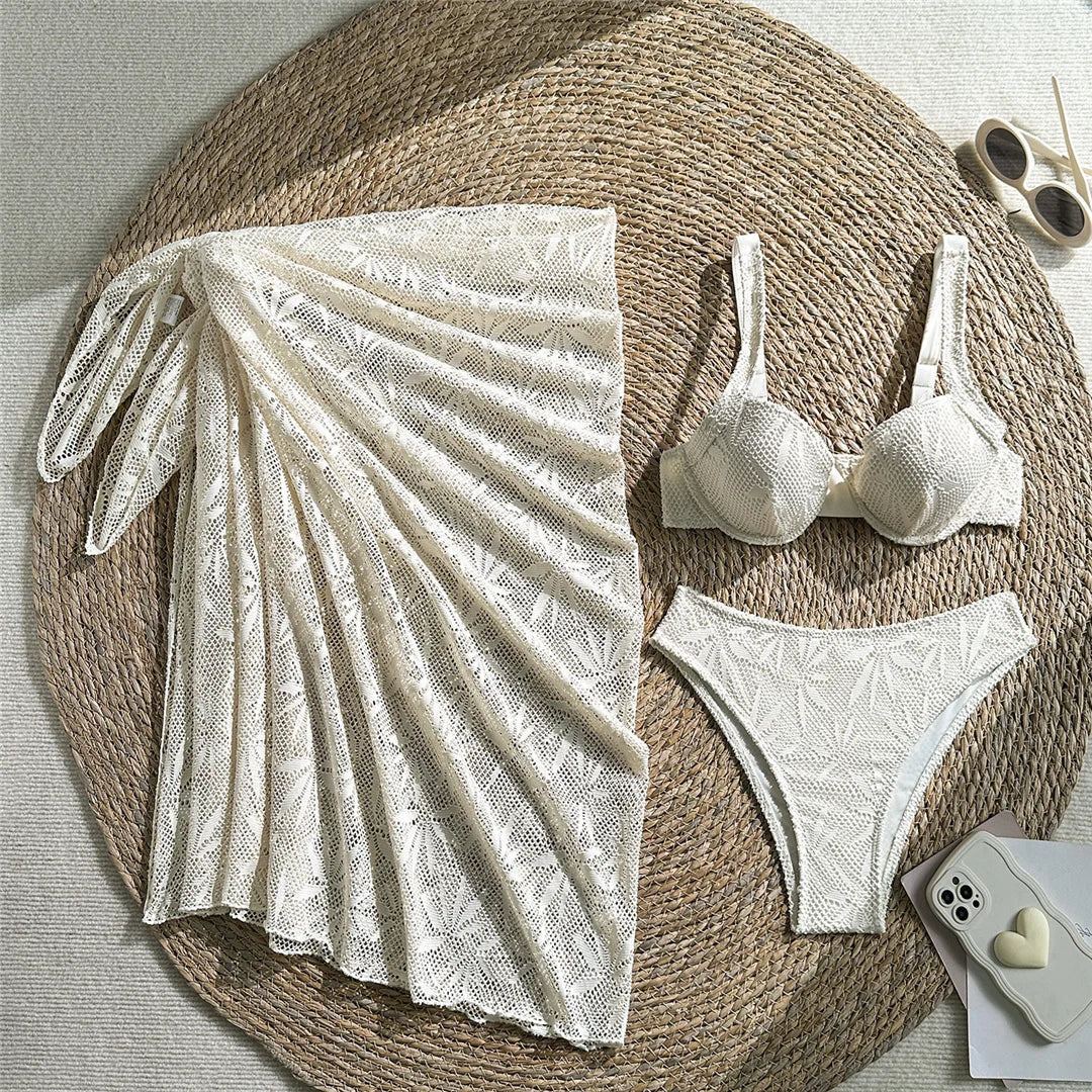 With Sarong Underwired Bikini Female Swimsuit Women Swimwear Three-Pieces Bikini Set Brazilian Bather Bathing Suit Swim V7936