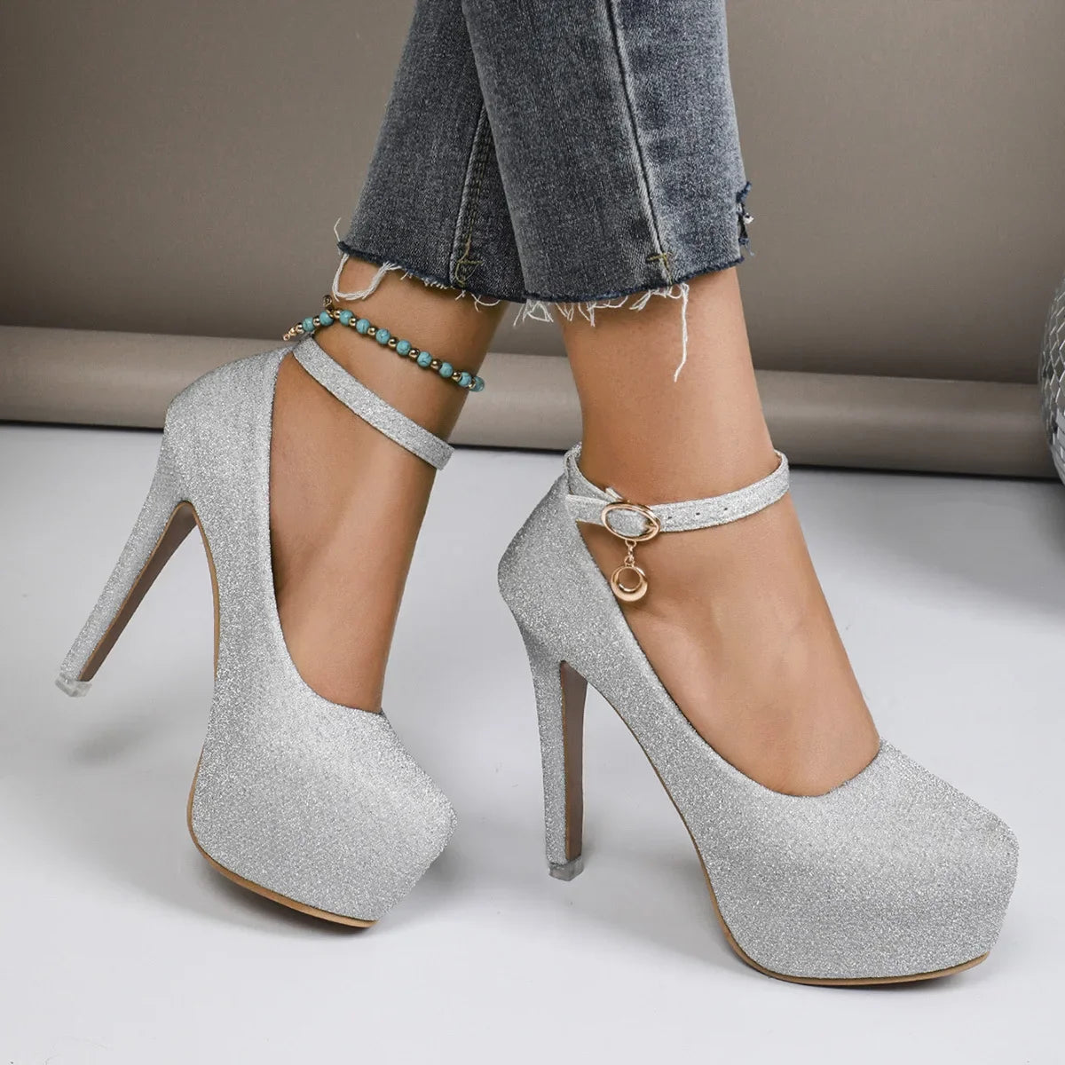 Spring Autumn New Style Waterproof Platform High Heels Thin Heel Silver Large Size Ultra High Heel Single Shoes for Women Show A