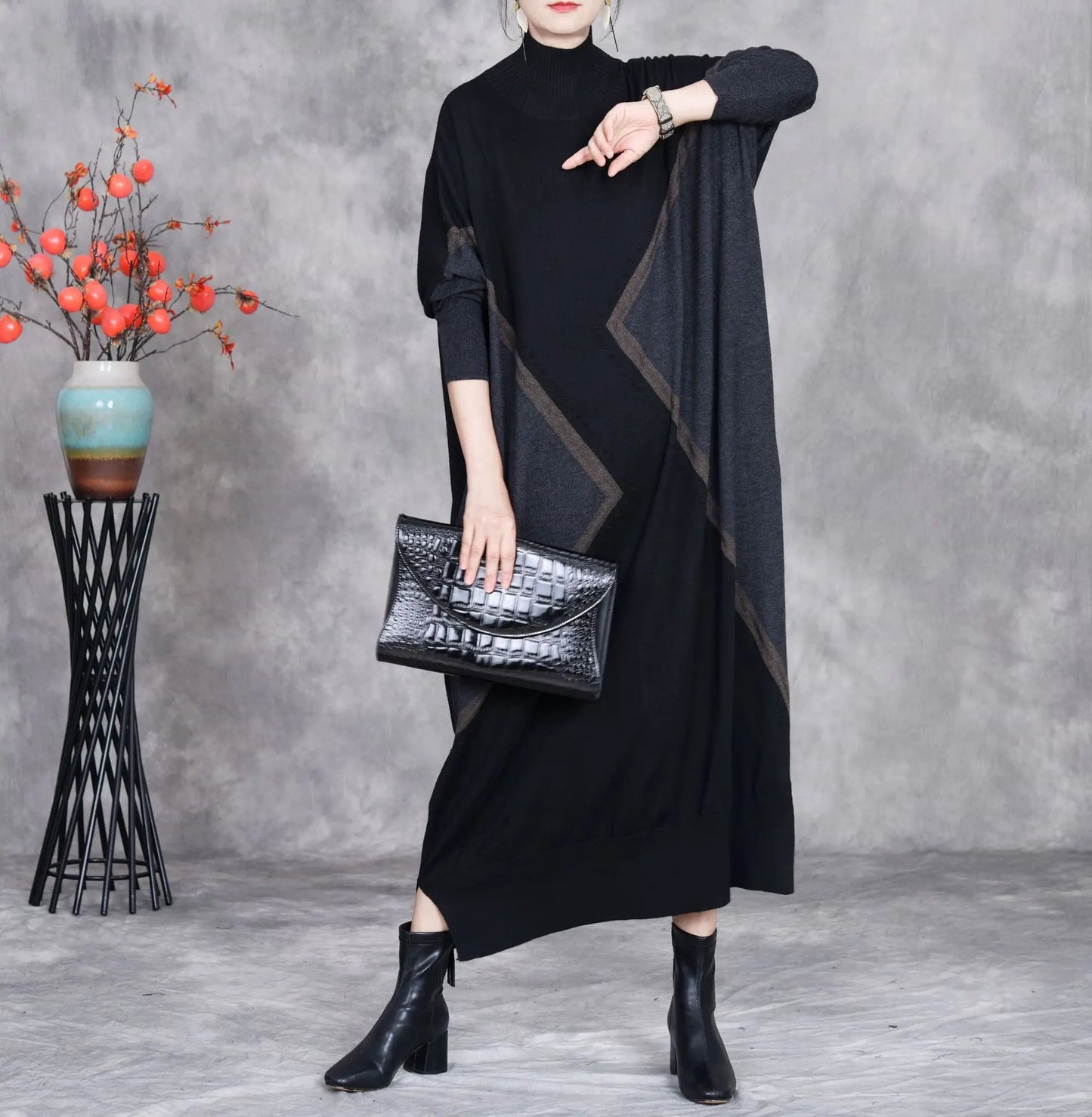 Johnature 2025 Woman Autumn New Fashion Mock Neck Loose Long Sleeves Dress Chinese Style Contrast Batwing Sleeve Casual Dress