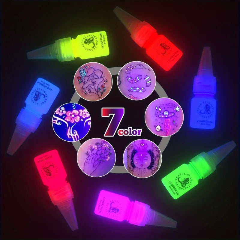 Glow Dark Tattoo Ink Set 7 Colors 10ml Fluorescent Pigmented Inks for Halloween Body Art Light Effects Vibrant Colors