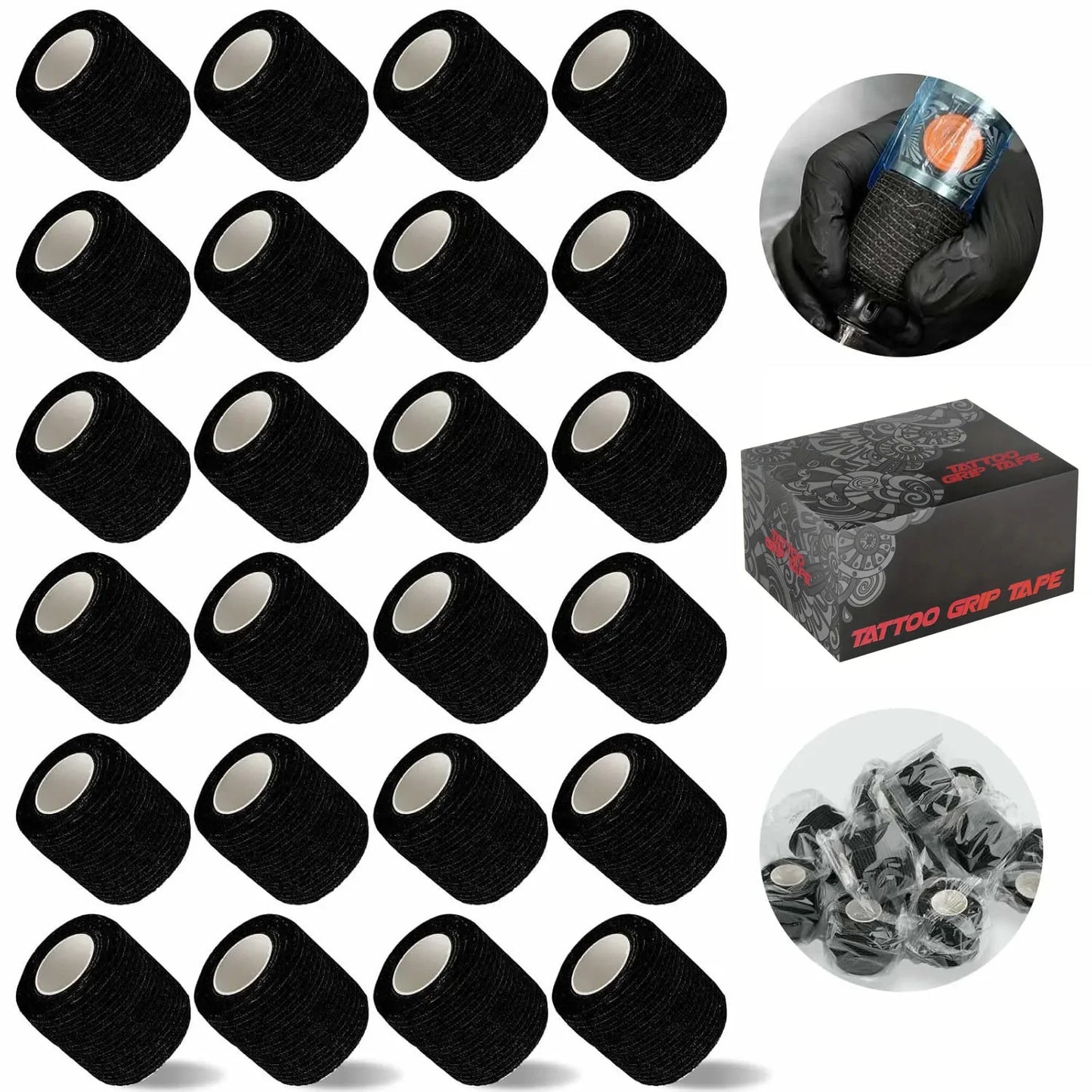 48/24/3PCS Black Tattoo Grip Cover Wraps Self-Adhesive Elastic Bandage Tape Breathable Strong Sports Tape Athletic Bandage Rolls
