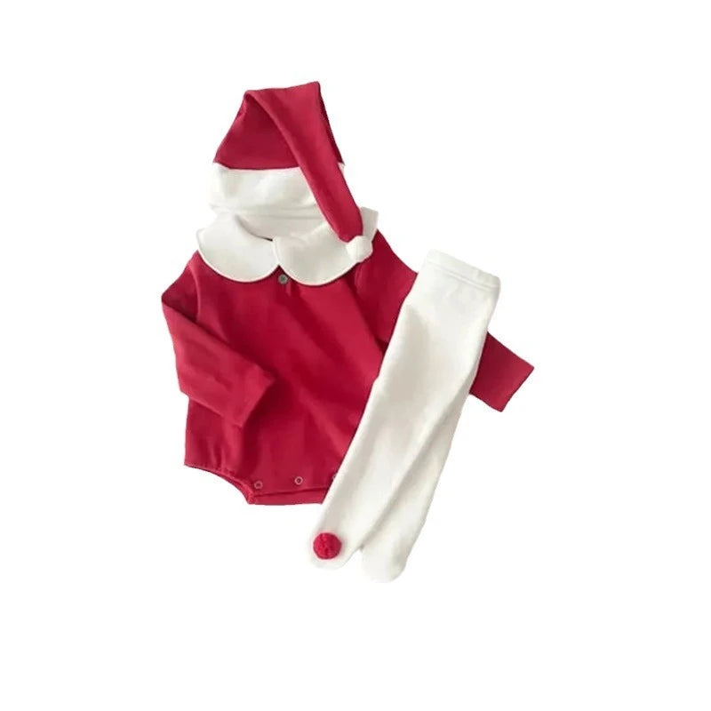 Unisex Baby Cute Triangle Romper with Hat for Christmas Boys  Lapel Collar Long-Sleeve Onesie Girls Comfortable New Year