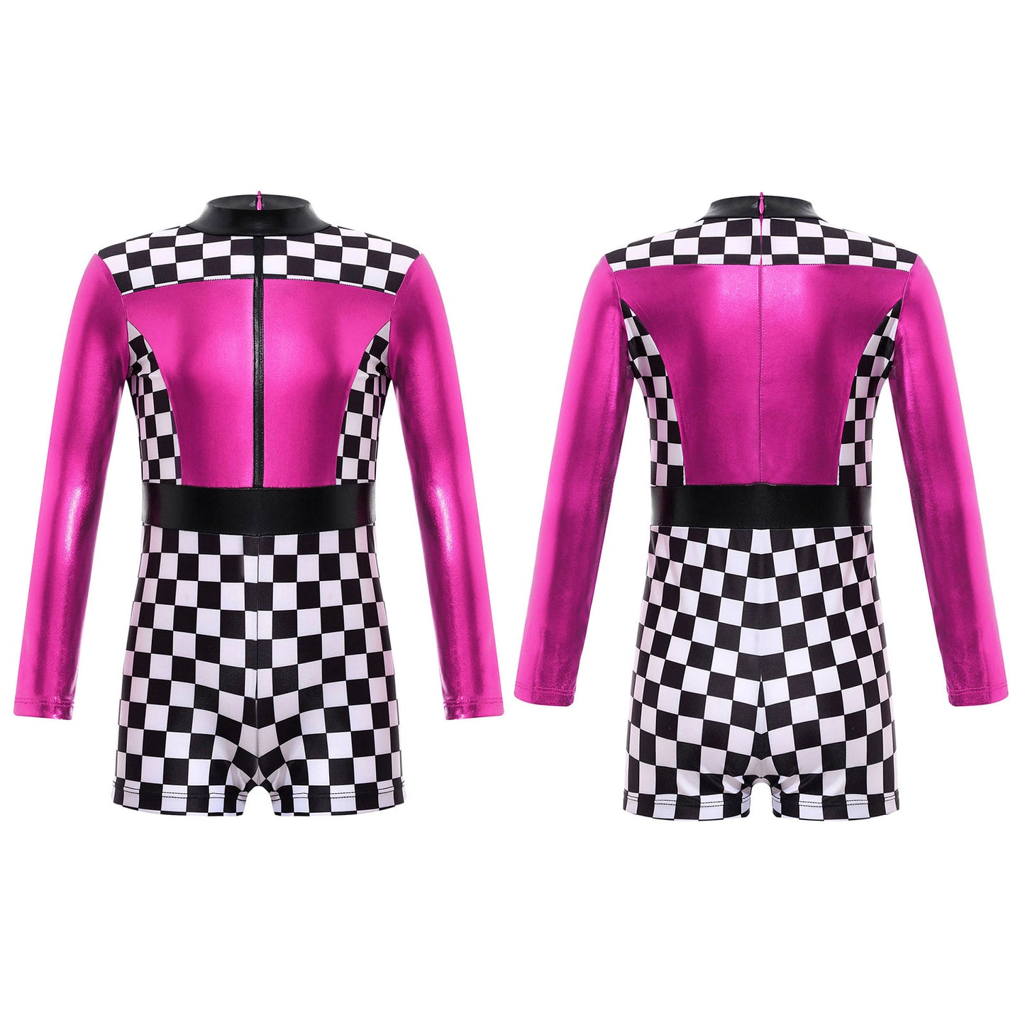 Kids Girls Checkerboard Racer Costume Halloween Car Driver Cosplay Leotard Dress with Tulle Skirt Themed Party Driving Roleplay