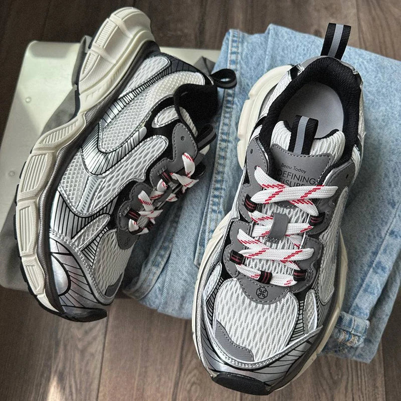 BEAUTODAY Casual Sneakers Women 2023 Synthetic Leather Mixed Colors Thick Soles Lace-up Breathable Ladies Shoes Handmade 29486