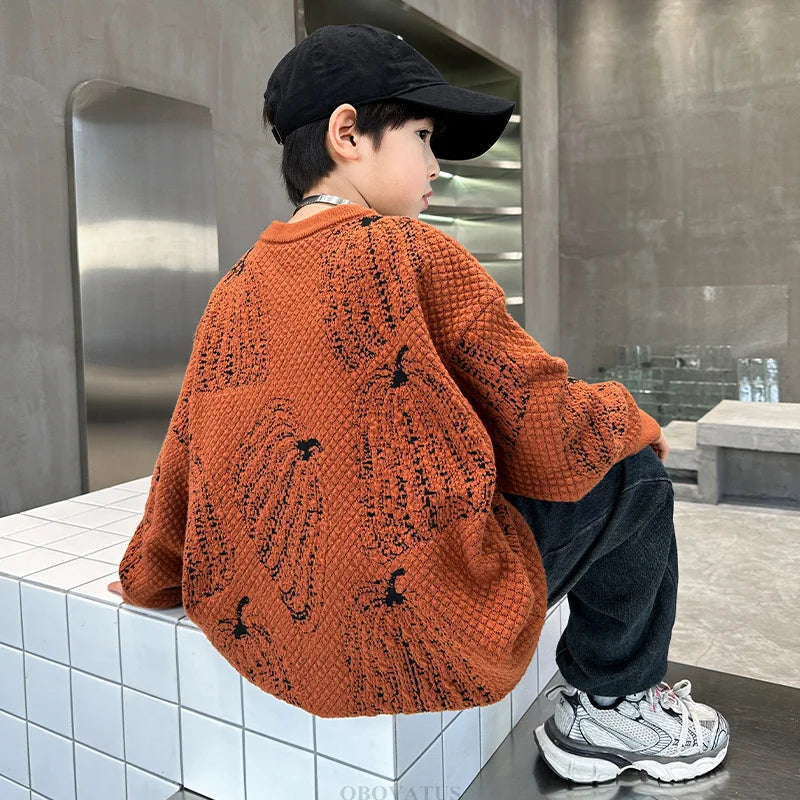 Children Halloween Pumpkin Sweater For Boys Fancy Knitted Outfit Clothing Kids Elegant Pullover Knitwear For Teenagers Age 5-14T