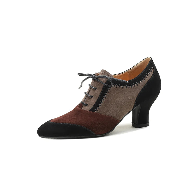2025 New Spring Autumn Retro Mature Women Pumps Office Ladies High-heeled Lace-Up Genuine Leather Suede Shoes Woman High Quality