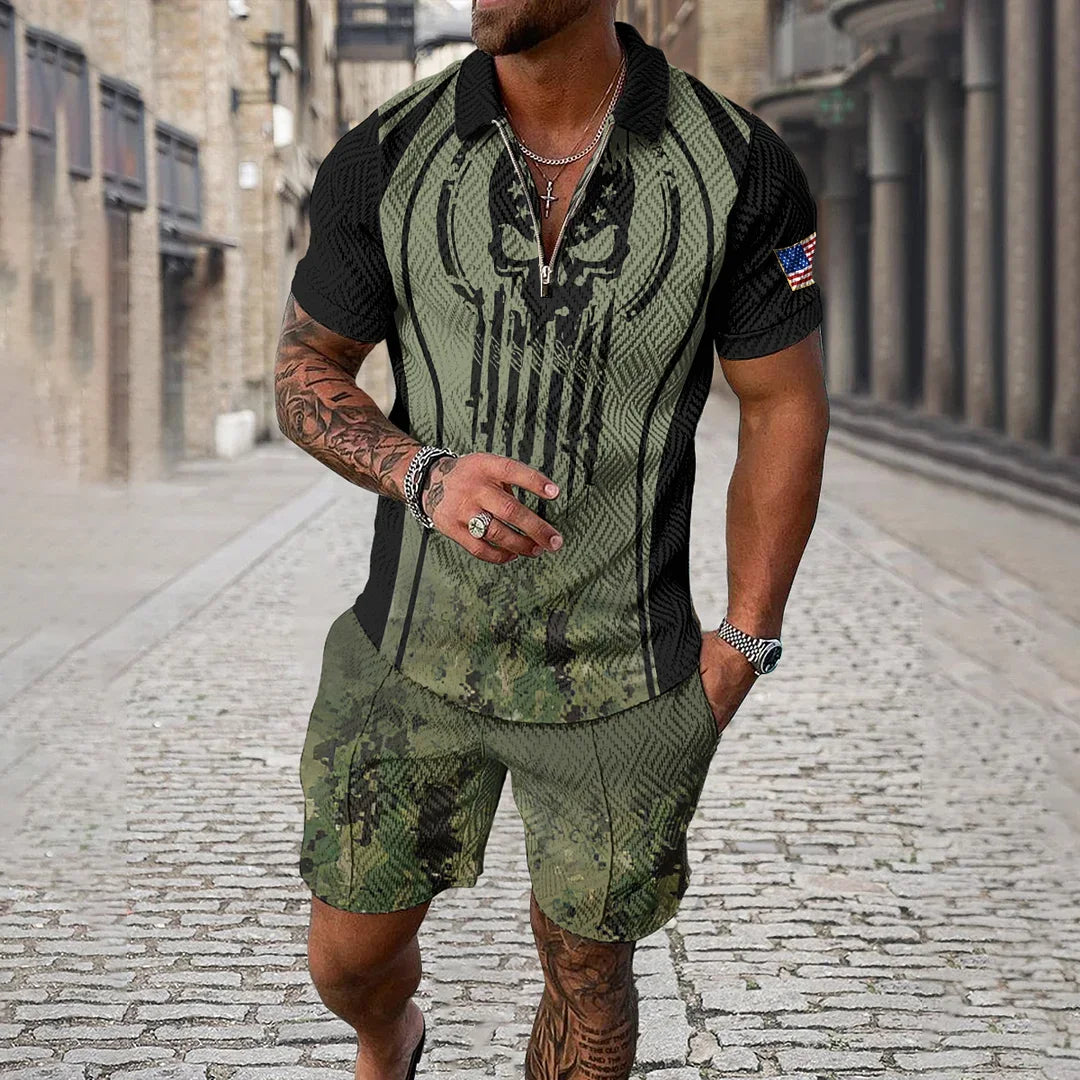 Men Tracksuit Summer New 3D Printed Beach Zipper Polo Shirts Shorts 2 Pcs Sets Boho Geometric Style Holiday Clothing Ropa Hombre