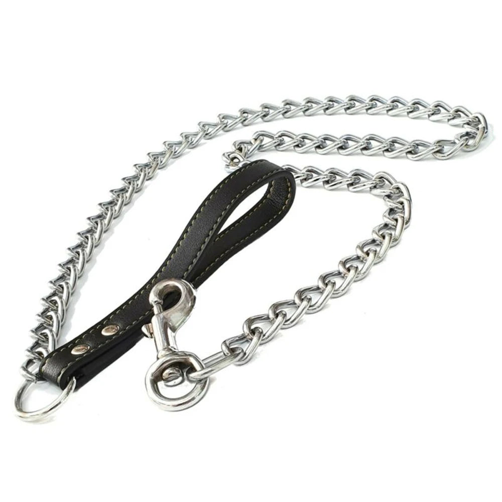 Durable Pet Dog Chain Metal Leash For Small Medium Dog PU Handle Leather Iron Chain Leash Anti-Bite Chain Dog Accessories
