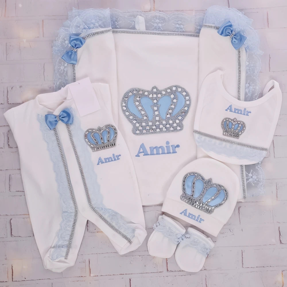5pcs Newborn Baby Embroidery Lace Romper Outfit Clothing Cotton Infant Wrapped Baby Products Pants Mittens Receiving Blanket