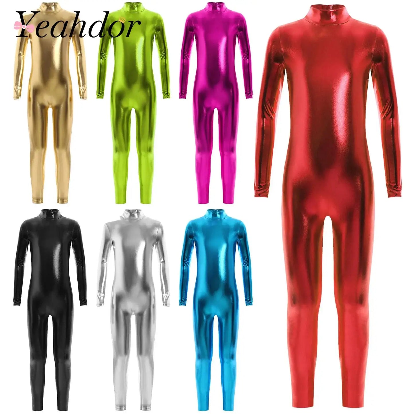 Kids Boys Girls Dance Metallic Jumpsuit Children's Gymnastics Bodysuit Performance Costume Long Sleeve Full Length Leotard