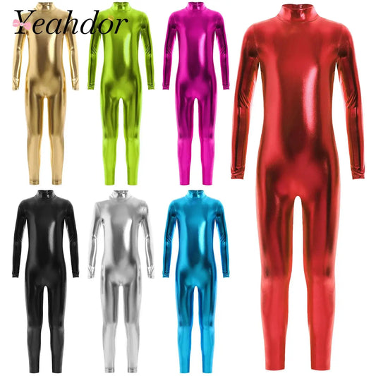Kids Boys Girls Dance Metallic Jumpsuit Children's Gymnastics Bodysuit Performance Costume Long Sleeve Full Length Leotard