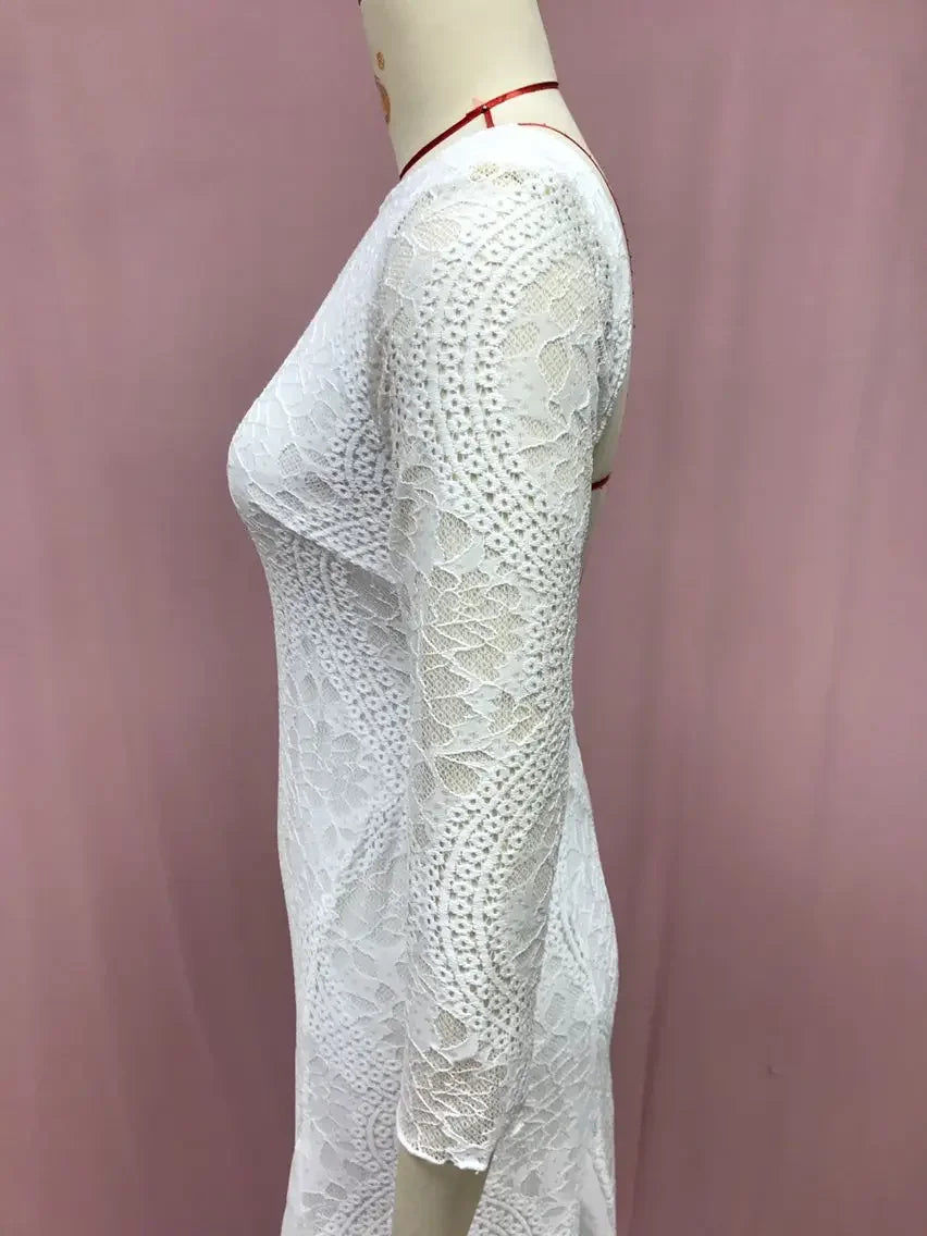 2025 Spring New Women's Celebrity Banquet Wedding Dress Crew Neck Long Sleeve Printed Halter Lace Dress