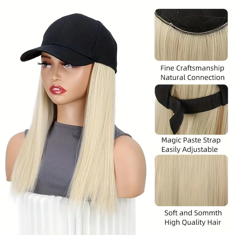 18Inch Synthetic Hat Wig Long Straight Hair Baseball Cap Hair Extension Adjustable for Women Daily Use