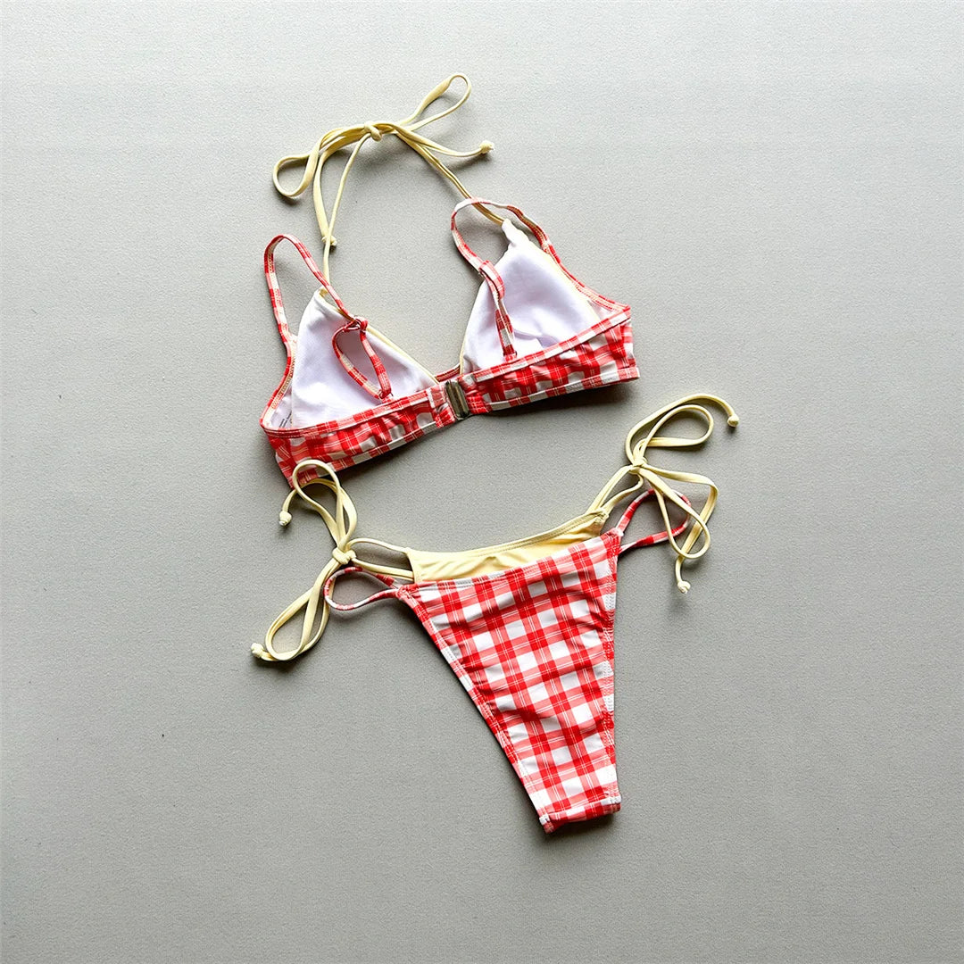 Sexy Polka Dot Plaid Halter Bikini Female Swimsuit Women Swimwear Two-Pieces Bikini Set Splicing Bather Bathing Suit Swim V8027