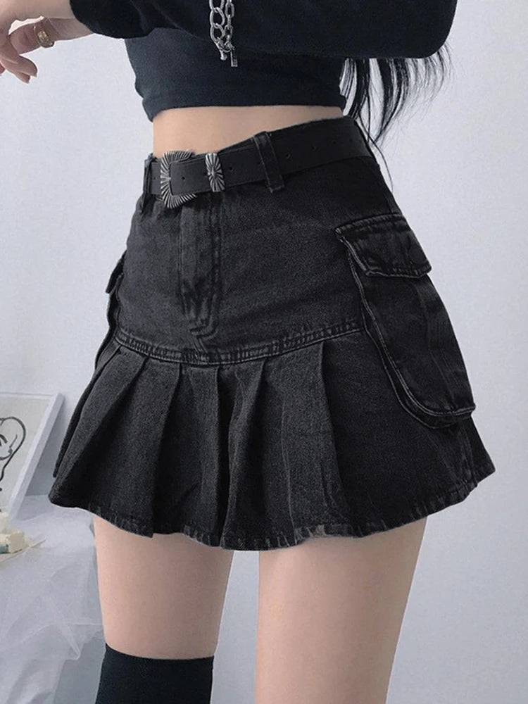 AltGoth Harajuku Y2k Denim Skirt Women Dark Gothic Streetwear Mini Skirt with Skull Belt Mall Goth Punk Grunge Sexy Emo Clubwear