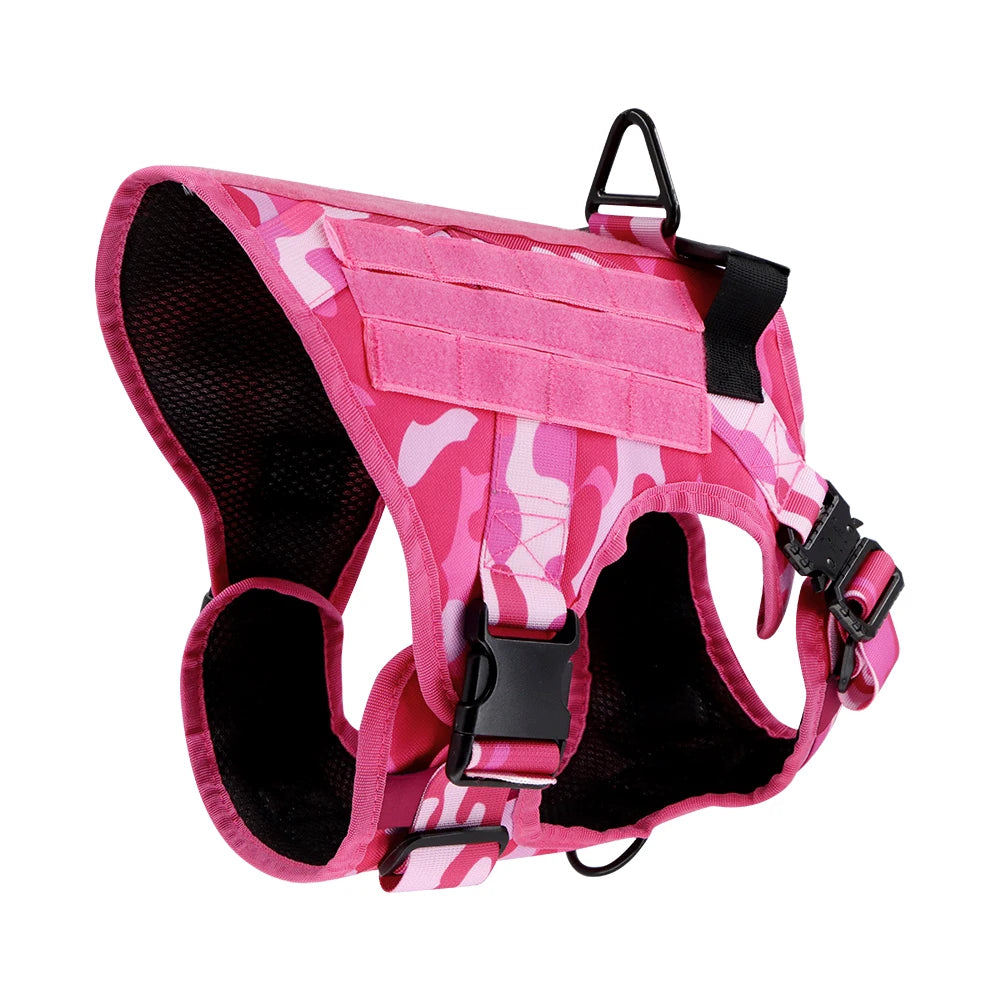 Tactical Pink Dog Harness Leash Set for Medium to Large Dog Adjustable Chest Strap Heavy-Duty Nylon for Outdoor Training Walking