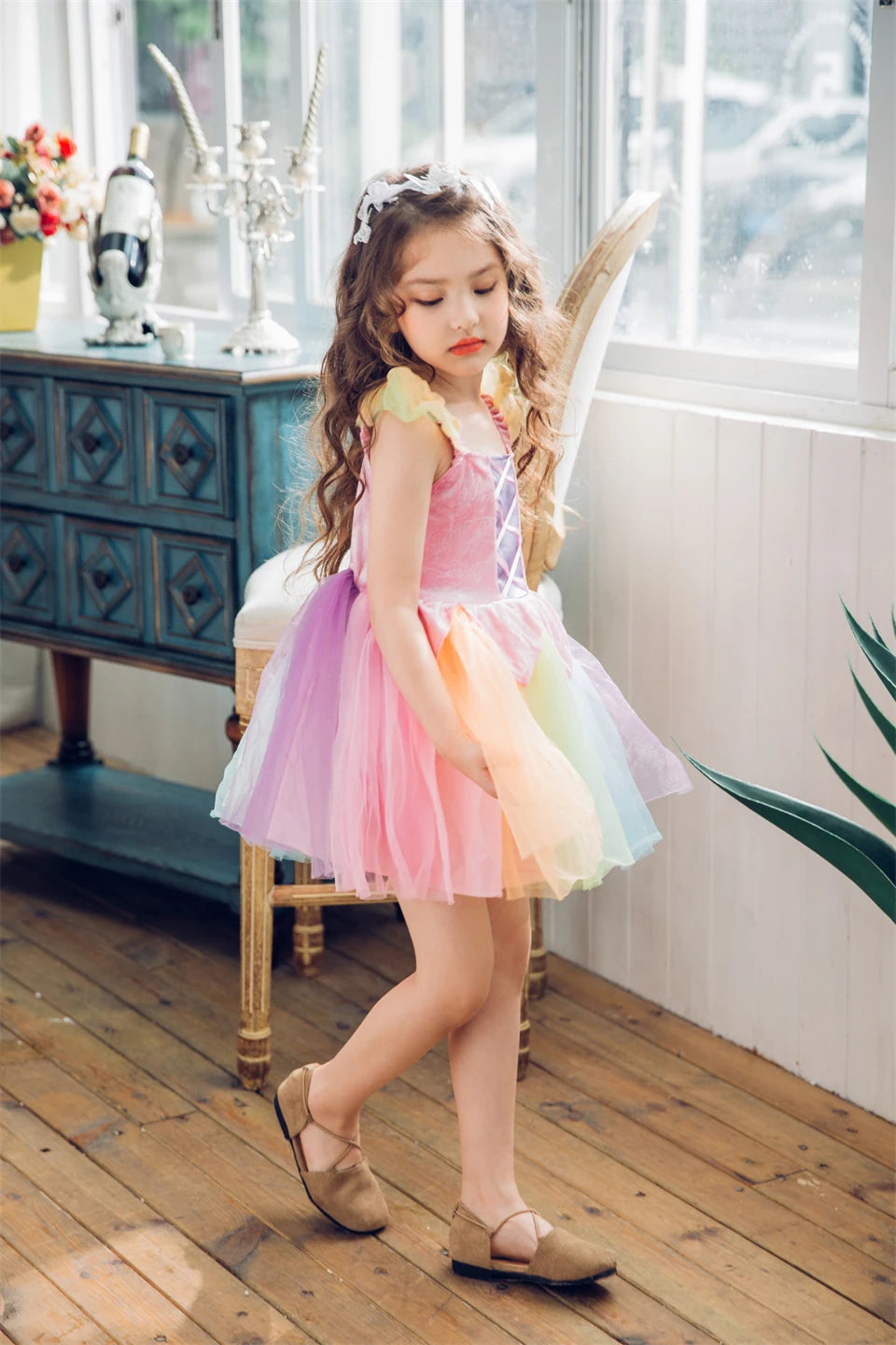 Cheap Top Quality Summer Fancy Baby Girl Fairy Rainbow Tutu Dress Halloween Cosplay Elf Princess Carnival Infant Party Ball Gown