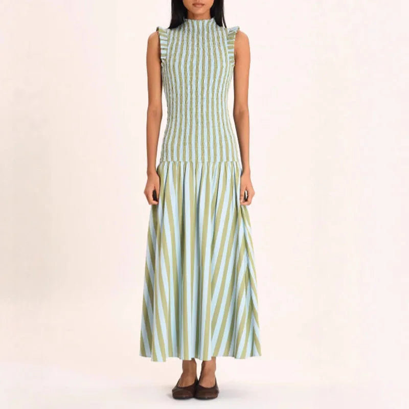 Elegant Striped Print Slim Sleeveless Robe Dress Spring O Neck High Waist Spliced Dress Woman Casual Pleated A-Line Office Dress