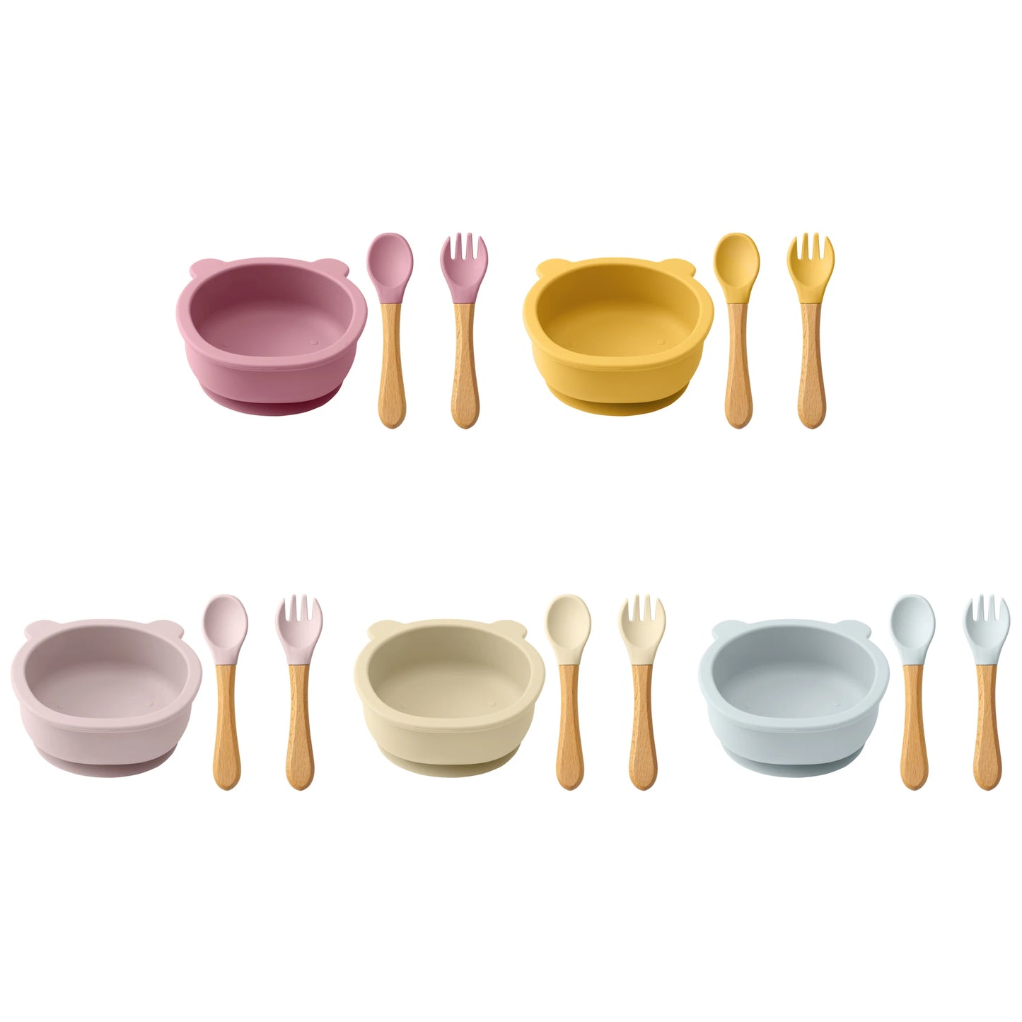 Mamaplan Baby Silicone Tableware Wooden Handle Spoon Fork Feeding Sucker Bowl Training Learning Baby Stuff  Baby Dinner Set