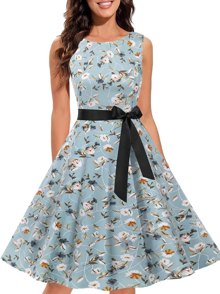 Sleeveless Floral Print Summer Dress Women Elegant Vintage Casual O Neck A Line Midi Party Sundress Vestidos With Belt