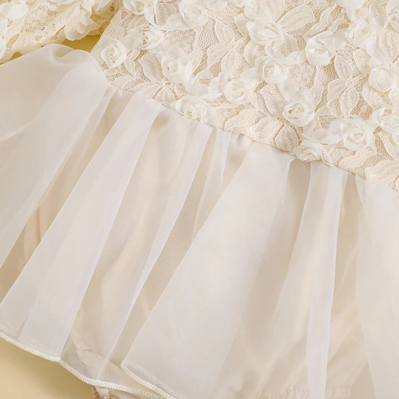Baby Girls Autumn Romper Dress Long Sleeve Lace Floral Tulle Patchwork Romper with Headband