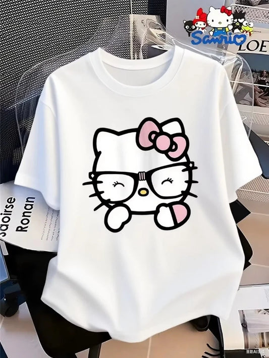 MINISO Cotton T Shirt with Hello Kitty in Glasses Graphic Sweet and Nerdy Style Trendy Printed Brand Cotton T-shirt Short Sleeve