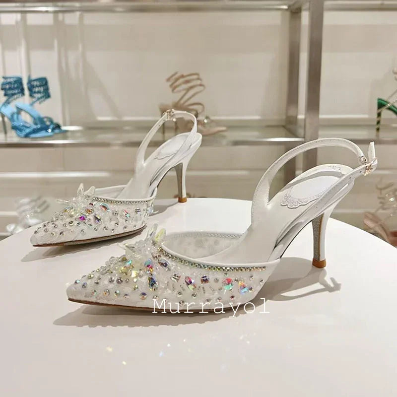 Pointed Toe Lace Gauze Thin High Heels Sandals Women Shine Rhinestone Decor Sandalias Summer Party Dress Wedding Shoes Pumps