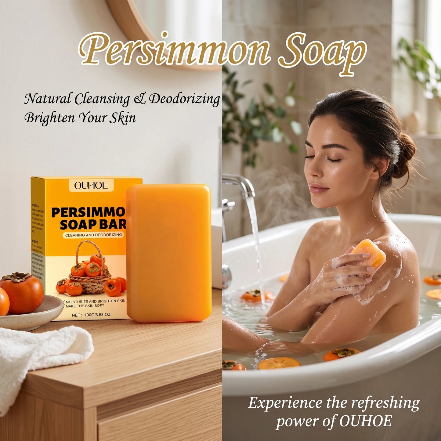 Persimmon Soap Bar Odor Removal Bath Bar Natural Deodorizing Body Cleansing Soap Soften Rough Skin Moisturizing Bath Soap