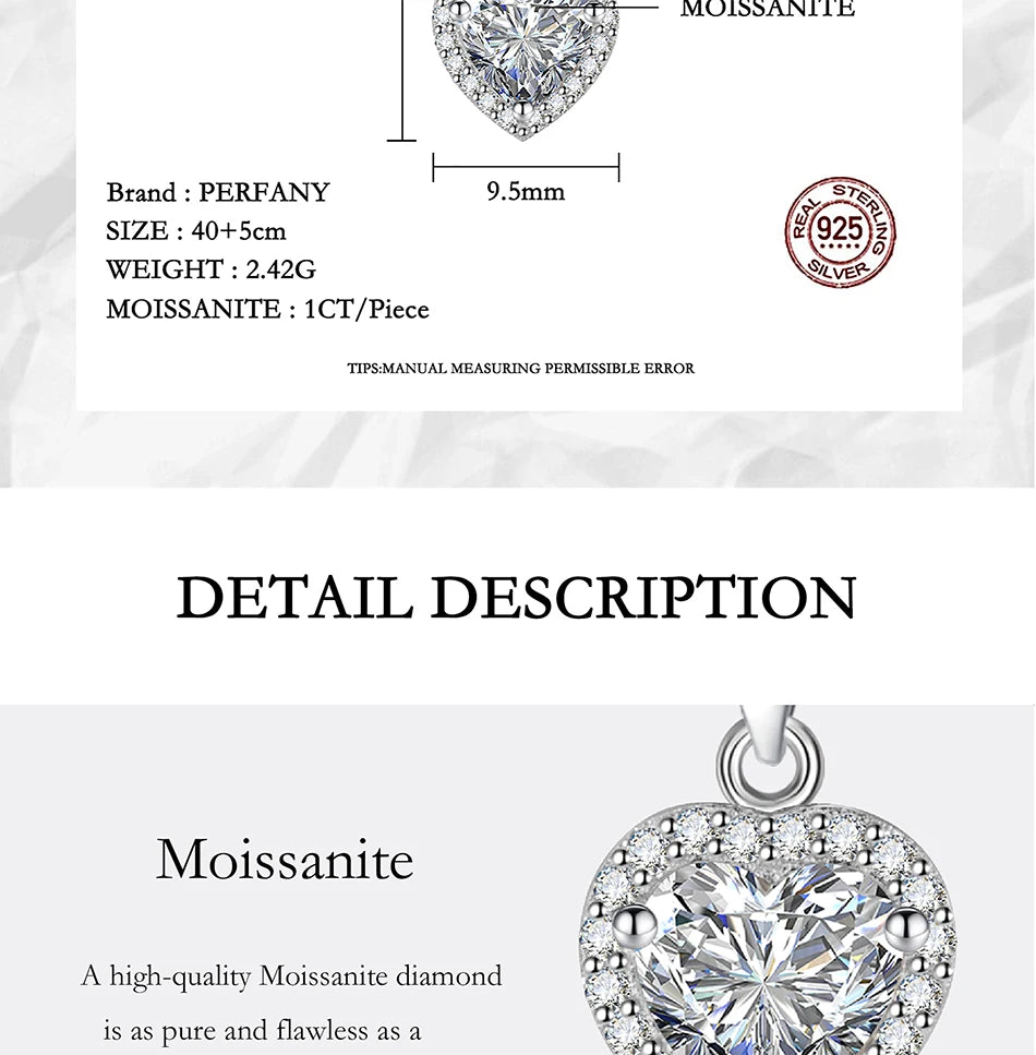PERFANY 1CT Heart Cut Moissanite Necklace for Women S925 Pure Silver Sparkling Diamond Pendant Fashion Jewelry Party Gift