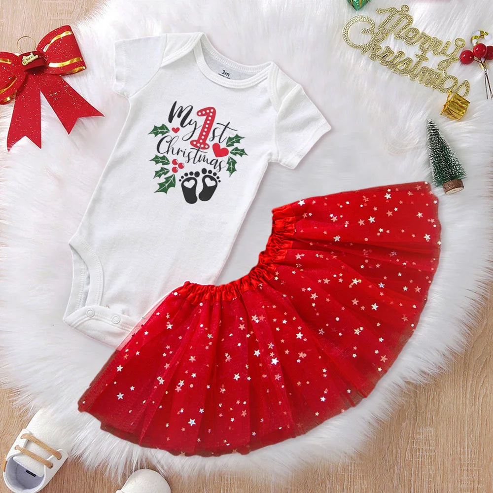 My First Christmas Baby Romper & Tutu Set Deer Print Girls Outfit Infant Baptism  Bodysuit Dress Xmas Outfits Skirt 2pcs
