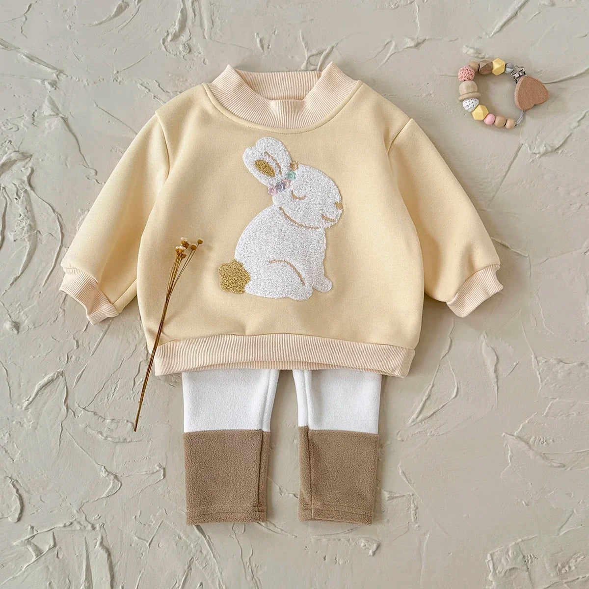 Baby Girl Cute Rabbit Pattern Embroidery Long Sleeved O-neck Sweatshirt+casual Simple Pants Set Autumn Winter Thickened Set