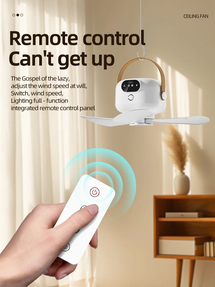 Portable Mini Ceiling Fans Outdoor Camping Fan Tent Ventilator Cooler Rechargeable Electric Fan Remote Control LED Lighting