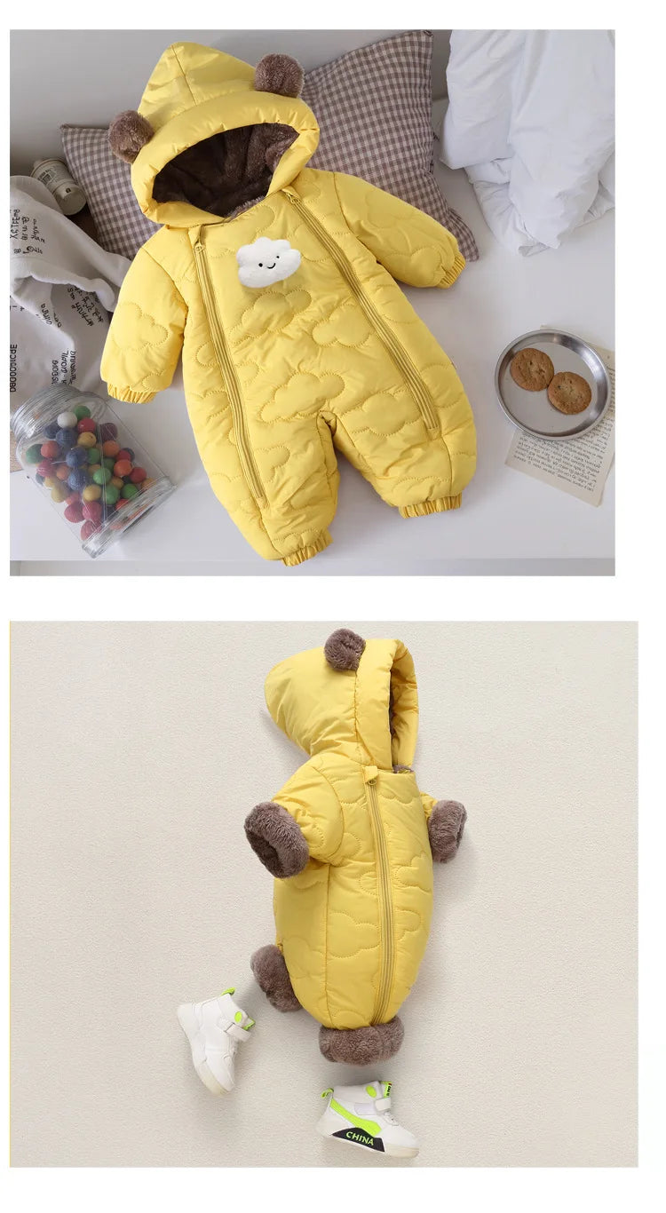 Toddler Baby Girl Boy Jumpsuit Thickened Fleece Lined Double-Layer Hooded Romper 0-2Y Cute Bear Ears Winter Warm Kids Snowsuit