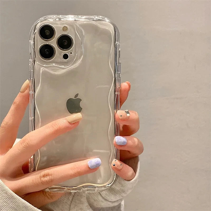 Wave Pattern Solid Color Cream For iPhone 11 12 13 14 15 16 17 Pro Max Plus Air Transparent Resistant Clear Shockproof Case