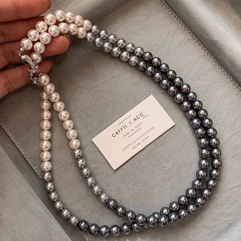French Socialite White Gradient Gray Pearl Bead Necklace 2024 Fashion Jewelry Sets For Women's Sexy Collarbone Chain Accessories