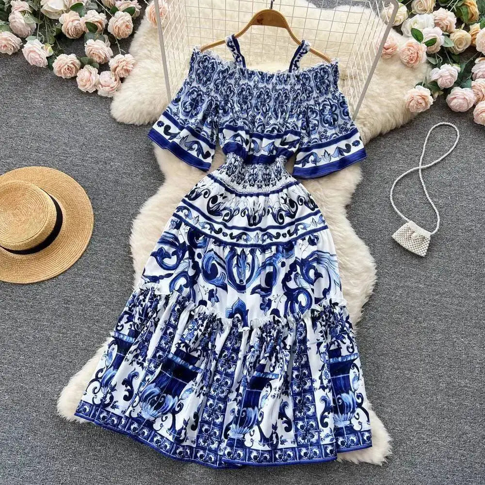 JAMERARY Summer Runway Blue White Porcelain Print Midi Dress Women's Straps Flare Sleeve Elastic Waist Cotton Floral Vestidos
