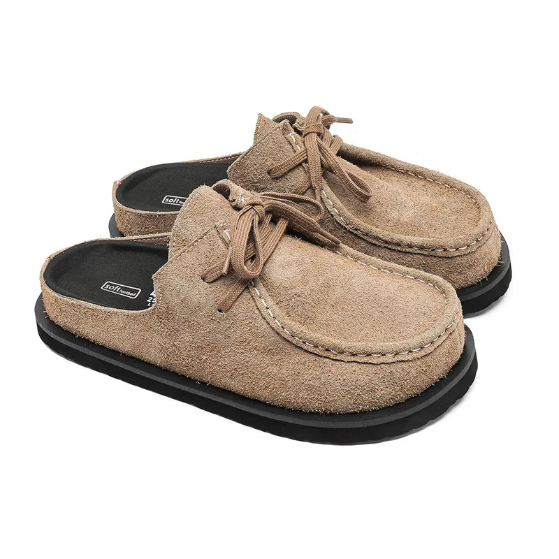 2025 Retro bag head lace-up leather one-pedal summer half slippers men and women couple cowhide shoes