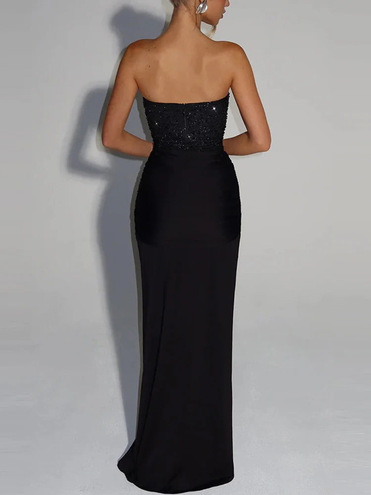 Women's Sexy Strapless Sleeveless Evening Dress Fashion Waist Slim Solid Wedding Dress Elegant Sequins Splicing Pleat Long Dress