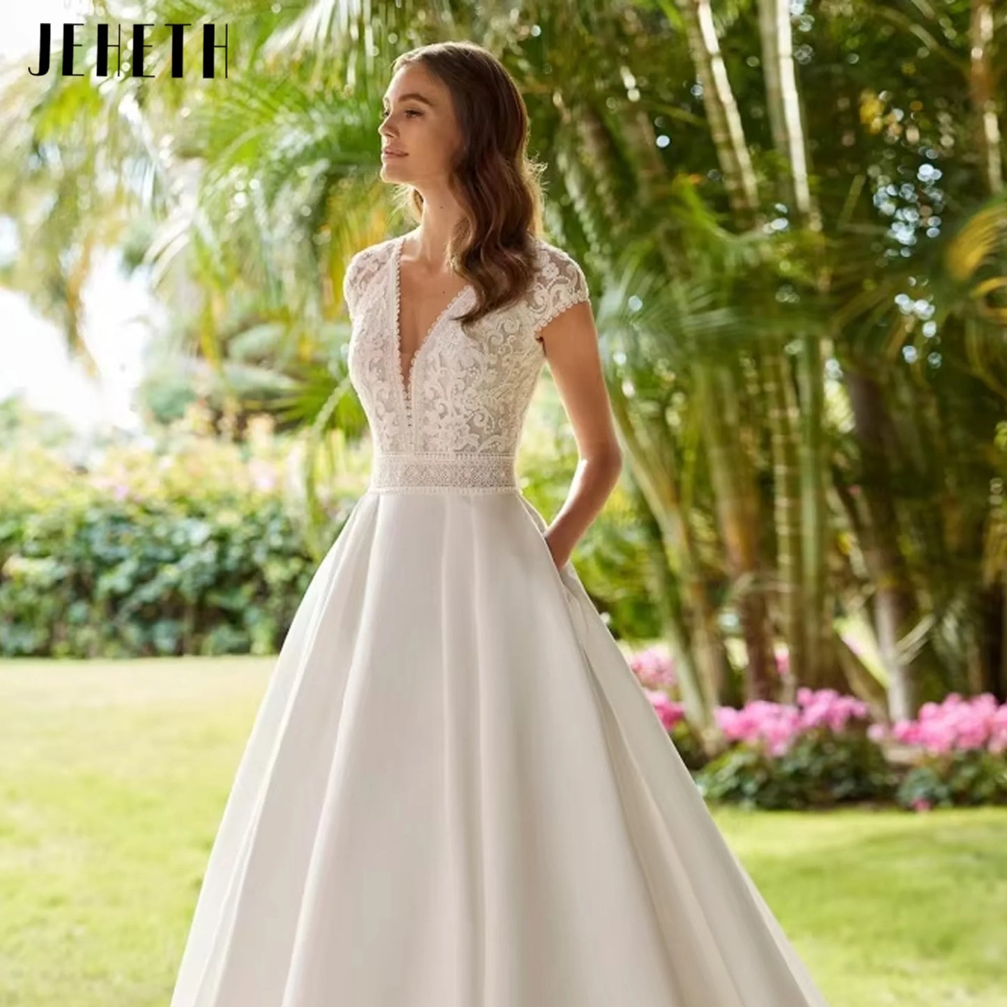 Elegant Classic Sexy Wedding Dresses Cap Sleeve V-Neck Lace Bridal Dress A Line Court Train Gown New Vestido De Novia Customized