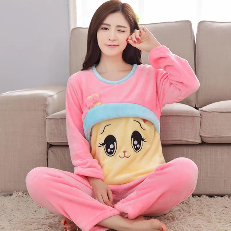 Autumn Long Sleeve flannel Maternity Clothing winter Thin coral fleece Pajamas Set Pregnant Women Breastfeeding Nursing Pyjama