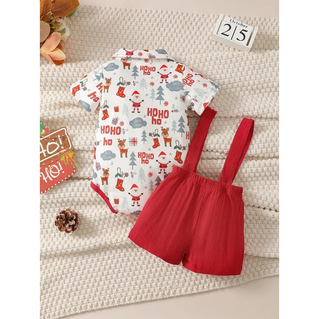 2PCS Newborn Baby Boy Christmas Clothing Set Short Sleeve Christmas Bodysuit+Overall Cute Holiday Party Wear for Baby 0-18Months