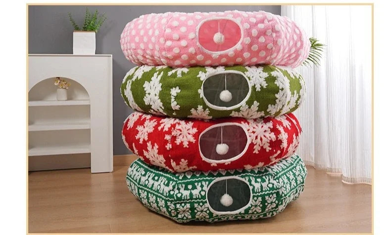 Round Donut Cat Beds Christmas House Soft Plush Pet Mat for Puppy Cushion for Cats To Hide 2 in 1 Tunnel Cats Sleeping Sofa Noel