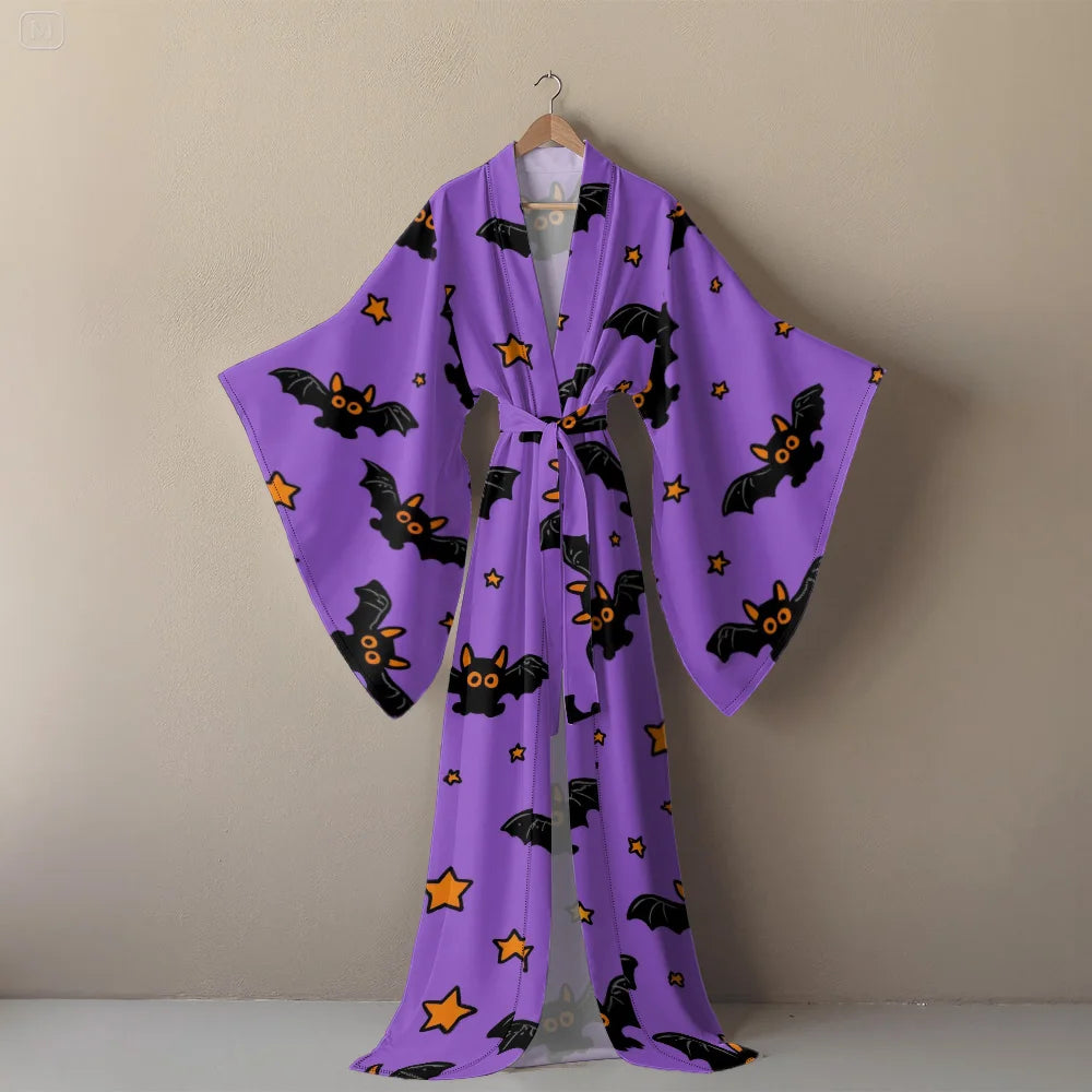 Halloween Sexy V-Neck Robe with Ghost Print High Slit & Bat Sleeves Kimono - Women's Party Costume Funny Cool Cosplay Wear