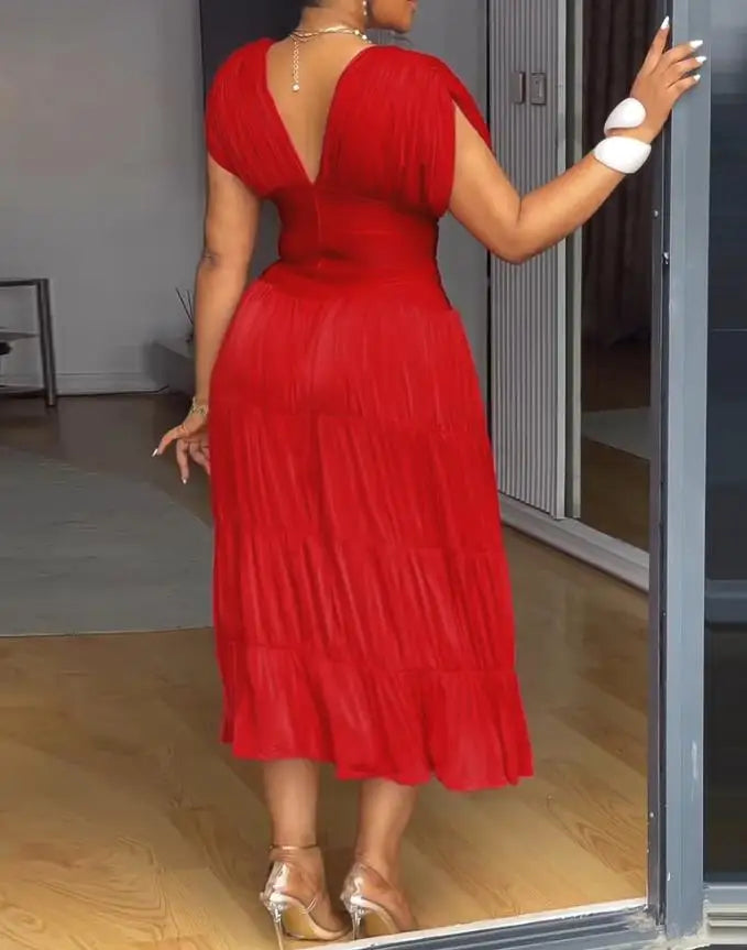 Womens Dresses 2025 Spring New Textured V Neck Sleeveless Ruched Ruffles Hem Dress Casual Waist A Line Party Midi Dress