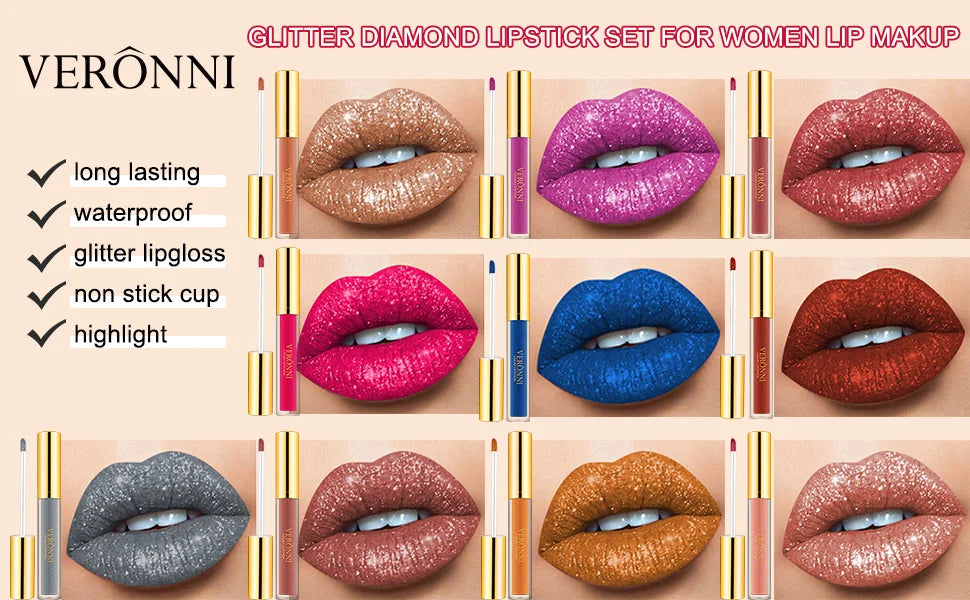 10 Colour Diamond Shimmer Lip Gloss Set,Glitter Shimmer Makeup Long Lasting lipsticks Makeup, Smudge Proof Lip Glaze Valentine's