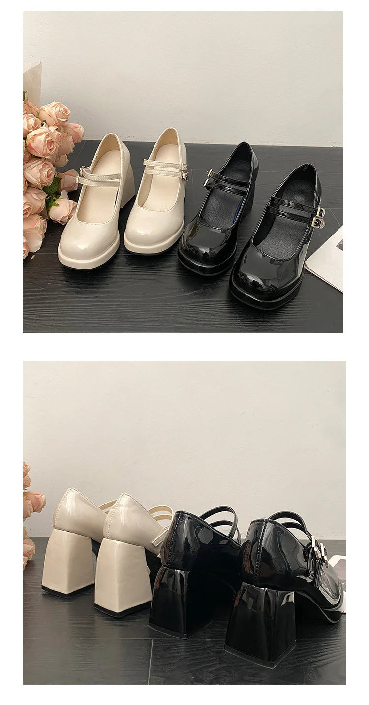 Women Chunky Heels Mary Jane Shoes Princess Spring New Fashion Platform Comfortable Black Soft Anti-slippery Dress Leather Shoes