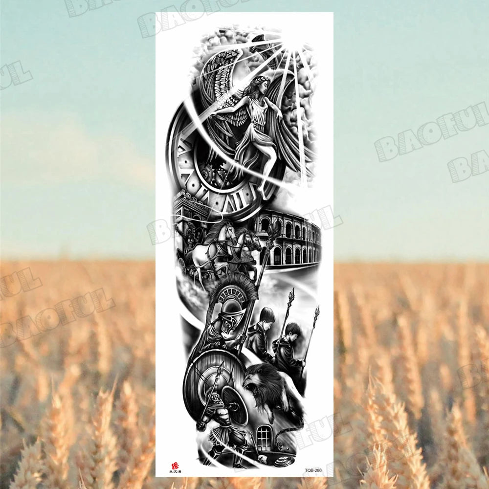 BAOFUL Full Arm Sleeve Temporary Tattoos For Women Men Realistic Wolf Lion Warrior Maori Fake Tattoo Stickers Thigh Leg Tatoos