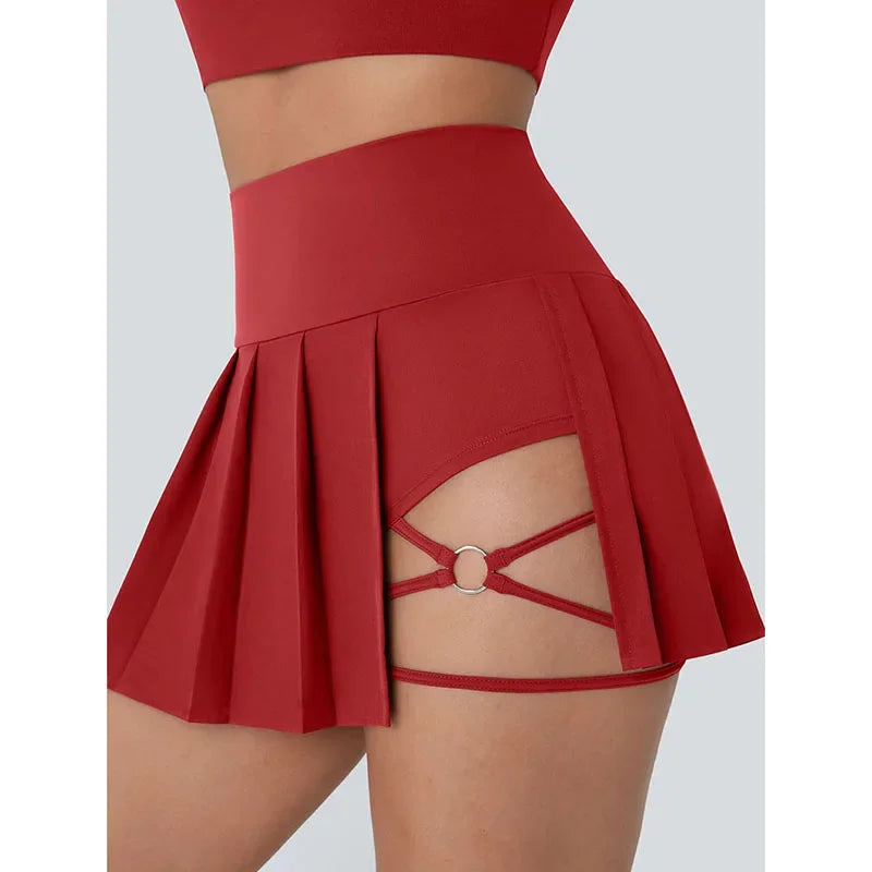 Women Inside Safe Shorts Tennis Skirts Red Cross Bandage Running Sports Pleated Skirt Woman High Waist Fitness Yoga Mini Skirts